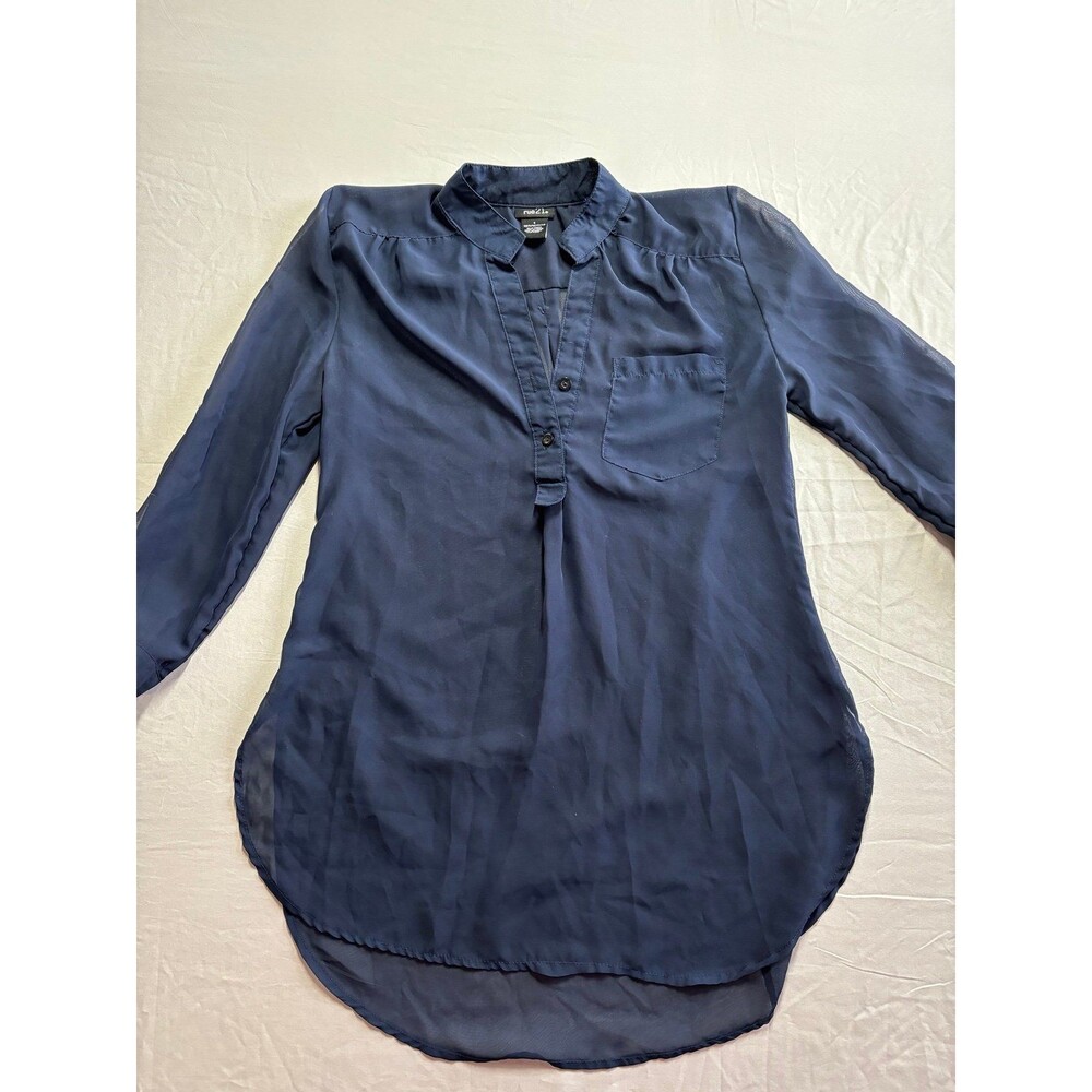 Rue21 Navy Blue Vneck Button Pocket Dressy Long Sleeve Blouse size small